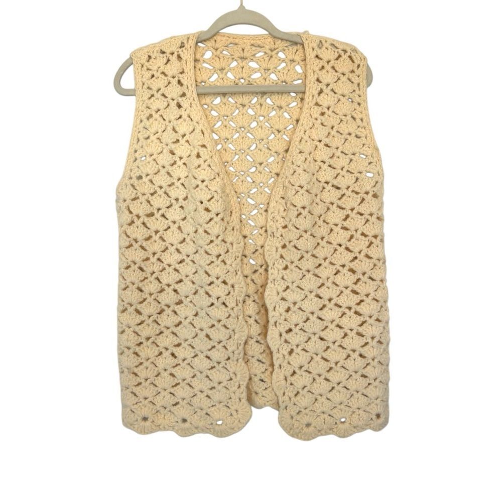Vintage Handmade Knit Vest Cream Boho Western Cottage Medium